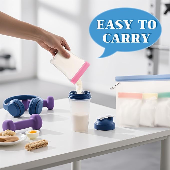 Protein Powder Travel Container Set,Reusable Powder Supplement Container To Go,28Pcs Single Dose Bags & 4Pcs Large Zip Bags,Portable Travel Containers with Funnel,Spoon