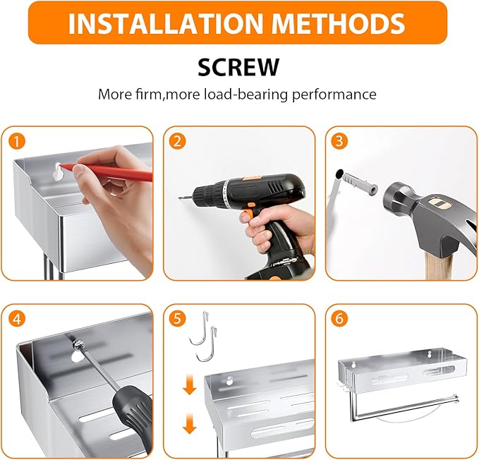 Paper Towel Holder Wall Mount for Bathroom, Paper Towel Holder with Shelf for Kitchen, RV Paper Towel Rack Stainless Steel, Silver