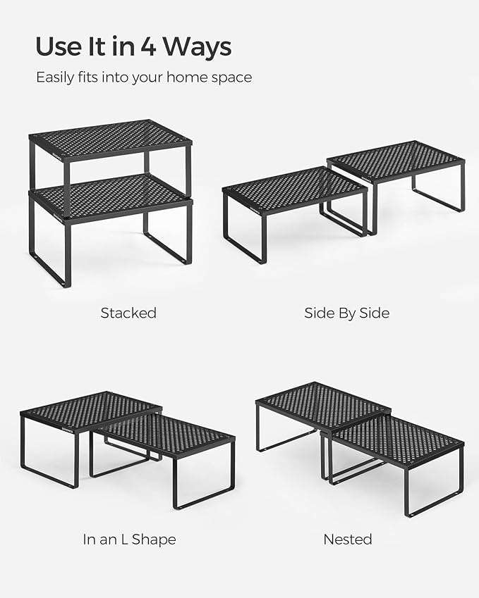 SONGMICS Spice Racks, Set of 4 Metal Cabinet Shelf Organizers, Countertop Organizers, Shelf Risers, Stackable, Expandable, Ink Black UKCS006B01