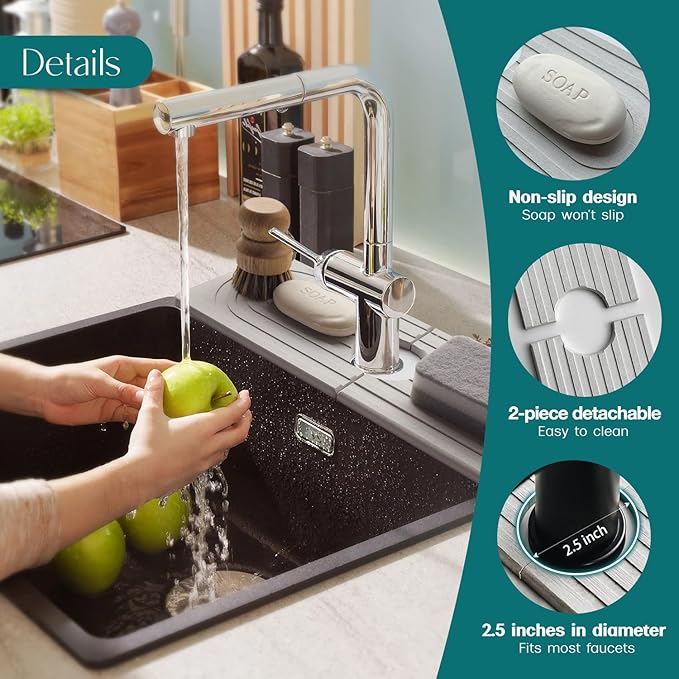 Faucet Mat for Kitchen Sink - Wider Diatomite Fast Drying Stone Sink Tray, Super Absorbent, Prevents Moisture Buildup - Faucet Splash Guard for Bathroom Counter (Light Grey, 15x5.3inch)