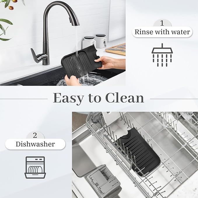 PoYang 17.7 Inch Faucet Mat for Kitchen Sink Splash Guard Behind Faucet, Sink Protectors for Kitchen Sink Faucet Mat Splash Guard for Kitchen Sink Area, Long Silicone Faucet Guard Draining Mat, Black