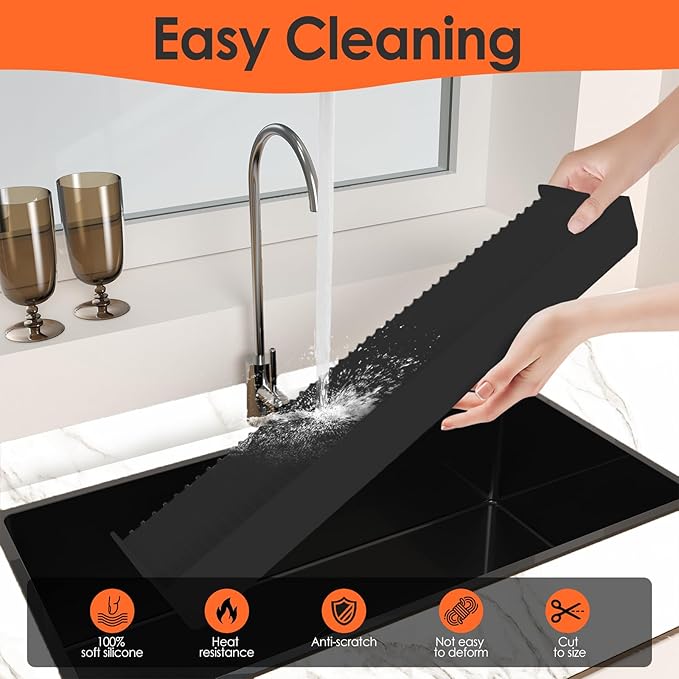 Silicone Sink Edge Protector &Splash Guards, 5° Upgrade Multifunction Sink Accessorie, Splash Guard For Bathtub Sink, Countertop Protectors For Kitchen Sink Stainless Steel, Granite, Quartz, Black