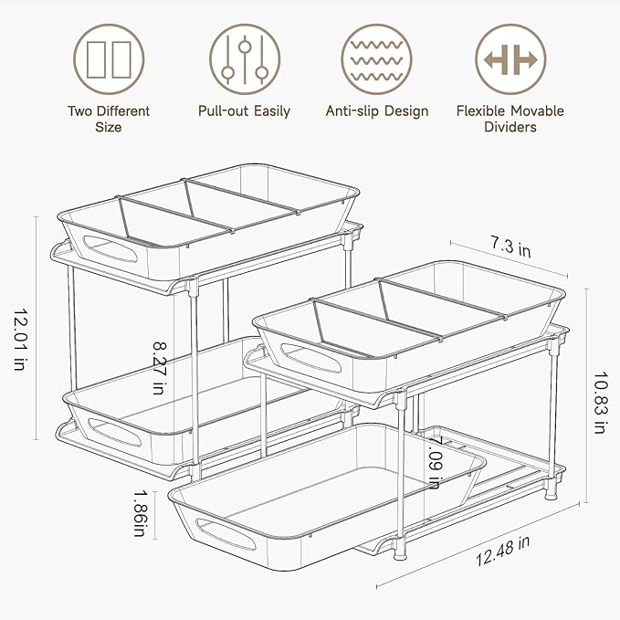 2 Pack Bathroom Cabinet Organizer, 2 Tier Clear Under Sink Organizers and Storage Medicine Cabinet Organizer with Dividers, Pull Out Kitchen Pantry Shelf Cupboard Closet Vanity Organization Bins