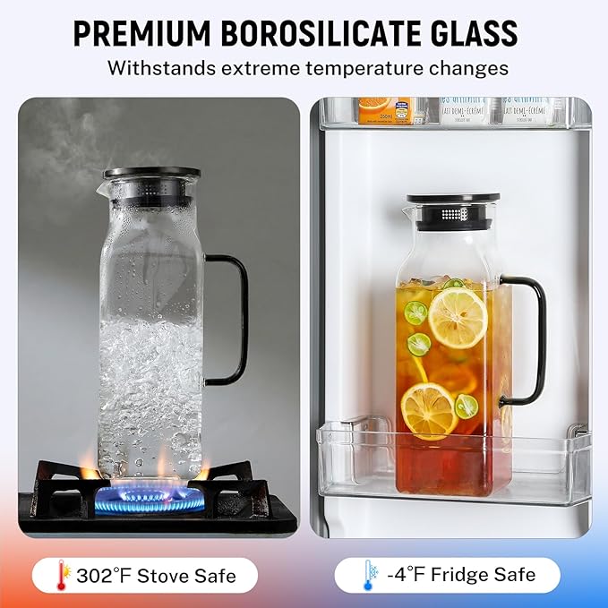 2 Quart (2 Liter 68 oz) Square Glass Pitcher with Lid and Spout, Water Pitchers with Handle for Fridge, Borosilicate Glass Carafe for Hot/Cold Drink, Large Jug for Iced Tea, Coffee, Beverage, Black