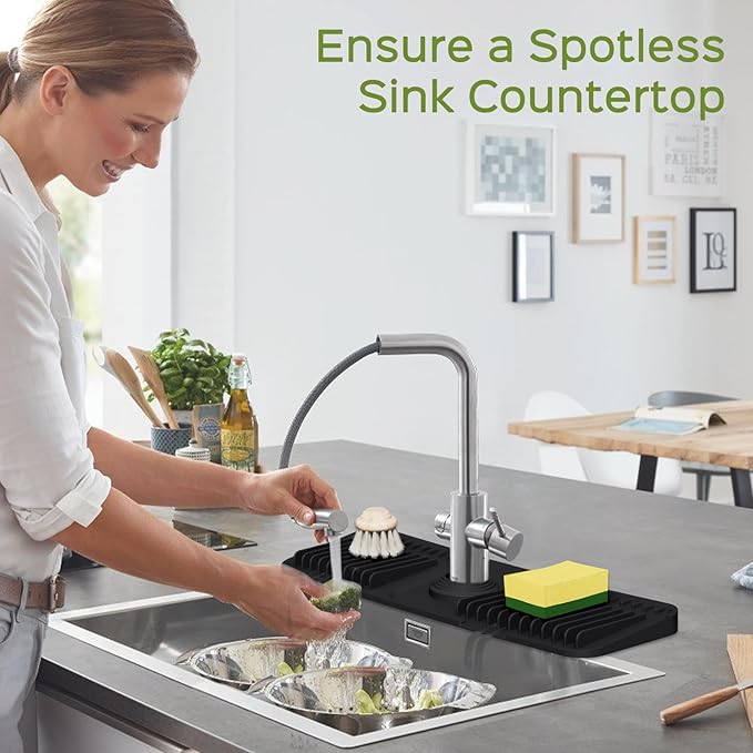 18 Inch Silicone Faucet Mat for Kitchen Sink Splash Guard โ 2025 Upgraded Draining Mat with Water Tray Behind Faucet โ Countertop Protectors to Catch Spills (Black, 17.7" x 5.5")