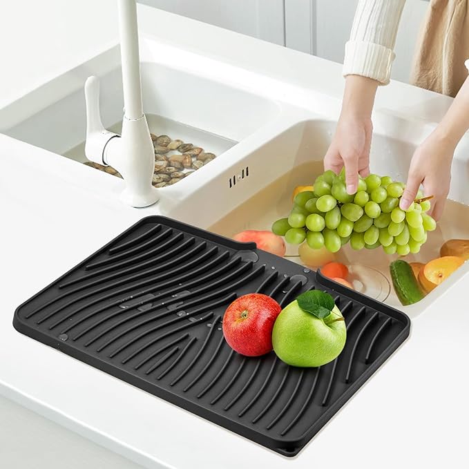 Silicone Dish Drying Mat for Kitchen Counter, Dish Drying Pad, Non-Slip Drain Pad with Built-in Drain, Heat Resistant Stone Drying Mat(16" x 12", Black)