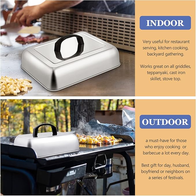 Rectangle Cheese Melting Dome, HaSteeL Stainless Steel Basting Cover for Flat Top Griddle BBQ Steaming Grilling Cooking Indoor & Outdoor, Large 13In & Small 9.3In, Heavy Duty & Dishwasher Safe(2 Pcs)