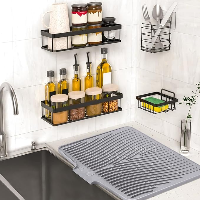 Silicone Dish Drying Mat, Stone Drying Mat for Kitchen Counter with Built-In Drain, Non-Slip Drain Pad with Built-in Drain, Heat Resistant Stone Drying Mat, 1Pcs 20" x 15", Grey
