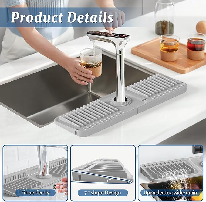 PoYang 17.7 inch Faucet Mat for Kitchen Sink Splash Guard, 7° Slope Silicone Sink Water Splash Guard for Kitchen Sink Area with Snap, Long Sink Protectors for kitchen Sink Sponge Holder, Light Grey