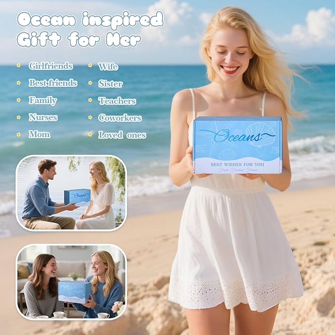 Ocean Gift Baskets for Women, Blue Self Care Spa Gift Set with 40oz Tumbler, Birthday Gift for Women Her Mom Wife Friend, Get Well Soon Gifts, Relaxation Gift Care Package for Women