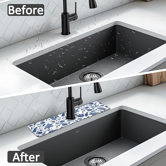 15" X 5.5" Kitchen Sink Splash Guard Faucet Mat Floral Super Absorbent Fast Drying Faucet Guard & Draining Mat Sink Splash Guard Behind Faucet for Kitchen, Bathroom