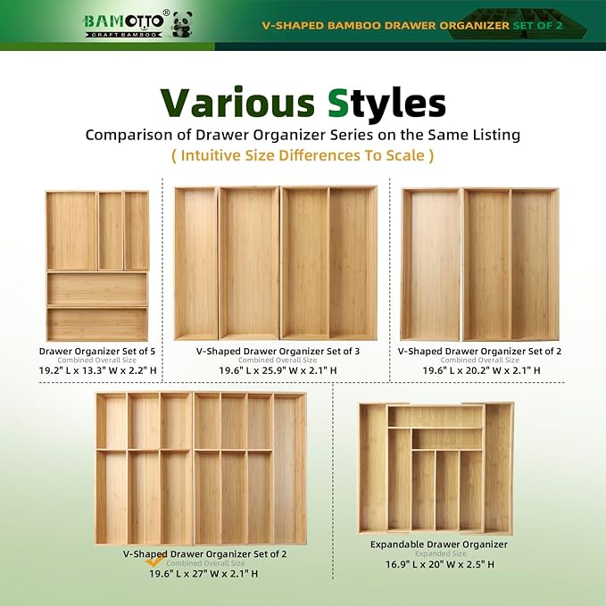 13 Slot V-Shaped Bamboo Drawer Organizer Set of 2, Extra Large Cutlery Tray - Easy Reach Flatware Silverware Utensil Storage for Kitchen (19.6"x14.6" & 19.6"x12.4")