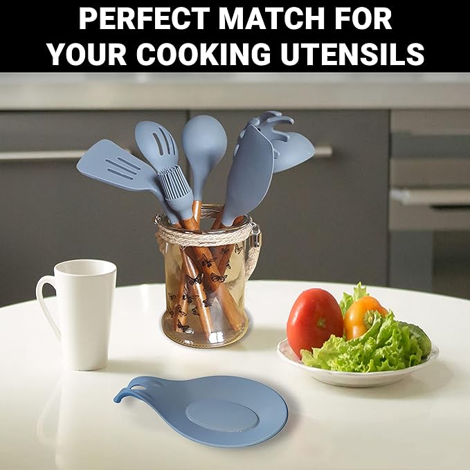 Silicone Spoon Rest for Stove Top Set of 2 – HEAT RESISTANT DISHWASHER SAFE Kitchen Utensil Holder for LARGE Utensils - Won’t Break - Non-Slip - Ideal for Glass & Induction Cooktops - for Home Cooks