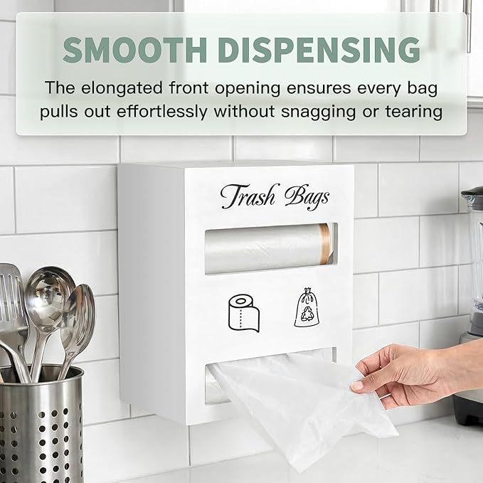 2 in 1 Trash Bag Dispenser, Double Wall Mounted,Wood Trash Bag Holder, used in kitchen, garage, laundry room, can store Environmentally friendly food bags and garbage bags (White/Large)