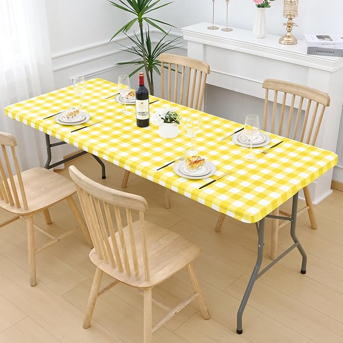 Smiry Picnic Table Cloth 2 Pack, Waterproof Elastic Fitted Tablecloths for 24x48 Rectangle Tables, Washable Polyester Buffalo Plaid Tablecloth for Camping, Dining & Outdoor (Yellow & White, 24" x 48")