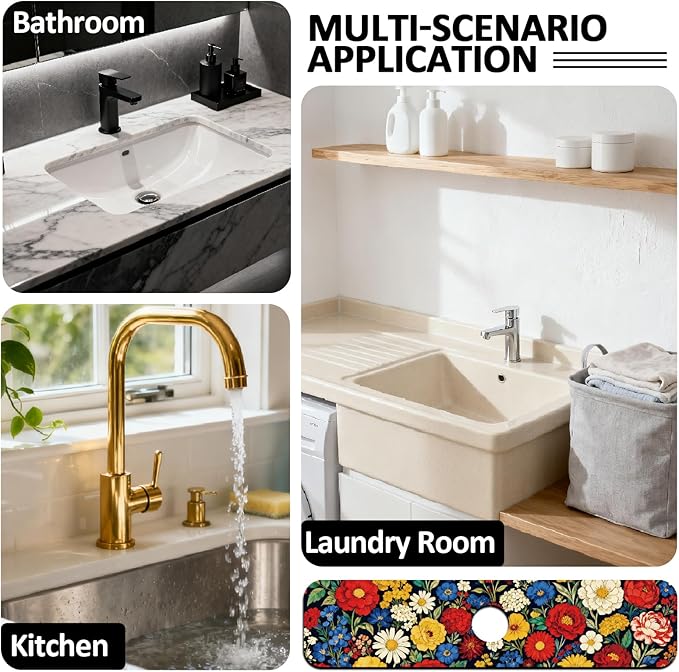 2 Pcs Kitchen Sink Splash Guard Faucet Mats Vintage Colored Flowers Pattern Faucet Mat for Sinks Absorbing Drying Mat for Kitchen Bathroom, 23.6x5.5inch