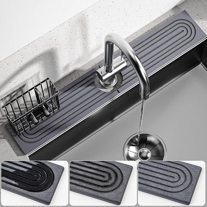 Cisily Diatomite Faucet Mat for Kitchen Sink Protectors with Dish Brush Holder-Absorbent Drying Counter Stone Water Splash Guard Area, Behind Kitchen Sink Caddy Organizers Decor Accessories Organizer