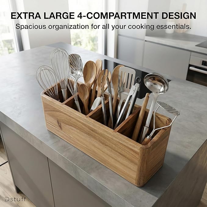 Dstuff Large Kitchen Utensil Holder Organizer for Counter or Countertop, Wooden Storage Container for Cooking and Silverware, Acacia Rustic Wood (4 Compartments)