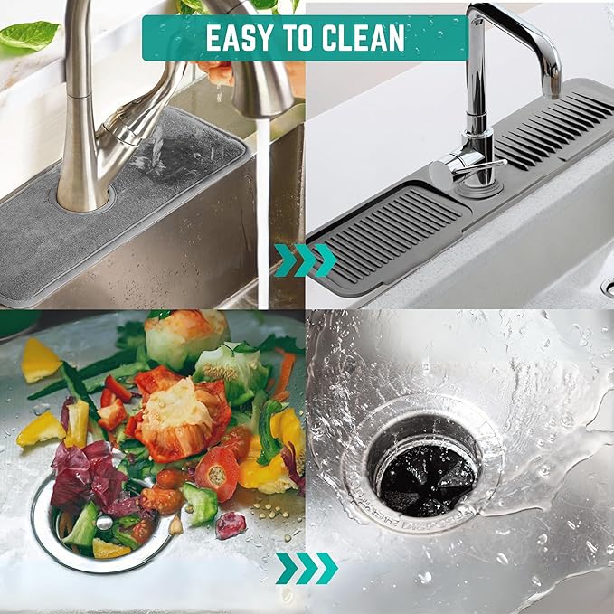 Faucet Mat for Kitchen Sink - Kitchen Sink Splash Guard with FREE Rubber Drain Insert - Faucet Guard Draining Mat, Faucet Mat Dish Soap Sponge Holder for Kitchen Sink (Gray, 24 Inch)