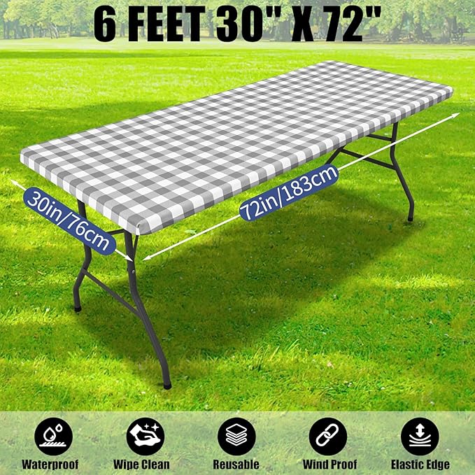 Smiry Picnic Table Cloth 2 Pack, Waterproof Elastic Fitted Tablecloths for 6FT Rectangle Tables, Washable Polyester Buffalo Plaid Tablecloth for Camping, Dining & Outdoor (Grey & White, 30" x 72")