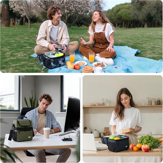 MIER Insulated Lunch Box Dual Compartment Lunch Bag Leakproof Cooler for Men Women Adult Work, Army Green, Medium (Upgraded Extra-Tall Bottom Layer)