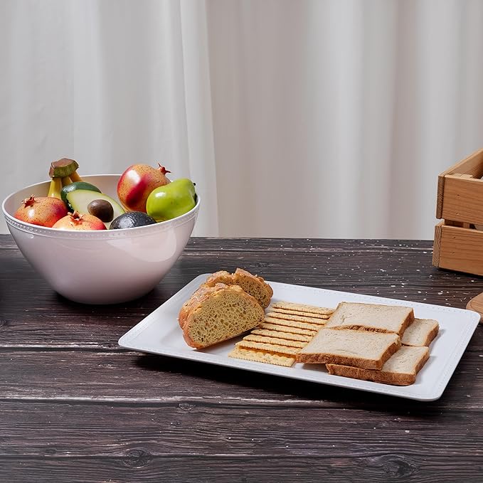 Melamine Large Serving Platter Set for Party Supplies,16"x11" Platters for Serving Food, 2pcs White reusable Serving Tray for Cookie, Fruit, Snack,Party Food Display,Stackable Kitchen CounterTop Tray