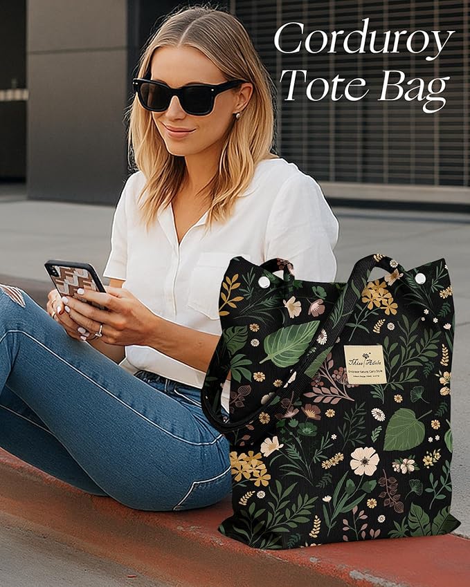 Miss Adola Corduroy Tote Bag for Women - Reusable Totes with Magnetic Buckle & Pocket Aesthetic Design Work Grocery Bags
