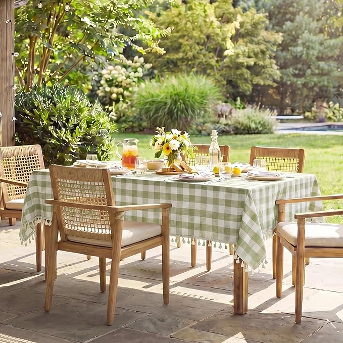 Softalker Outdoor Checkered Tablecloth Rectangle, Spring Summer Linen Cotton Gingham Table Cloth with Tassel, Heavy Duty Wrinkle Free Buffalo Plaid Table Cover for Picnic Camping - 55 x 102 Inch, Sage