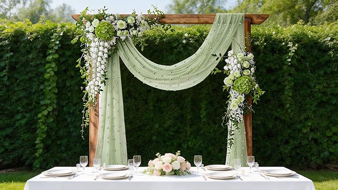 Socomi Pearl Table Runner Sage Green Summer Wedding Arch Draping Fabric 19FT Sheer Tulle Chiffon Gauze Cheese Cloth Outdoor Drapes for Birthday Party Baby Shower Bridal Engagement Decor