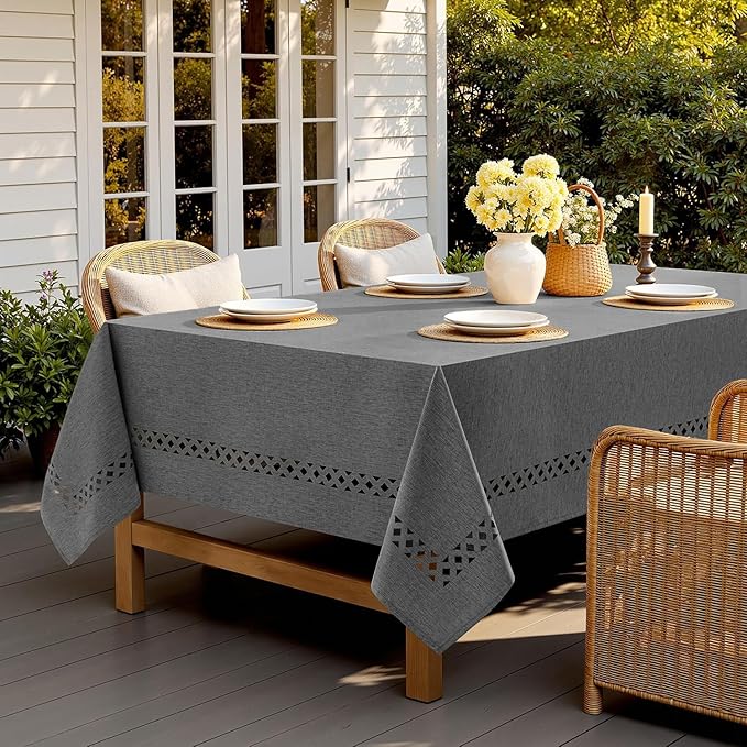 MIULEE Grey Rectangle Linen Polyester Tablecloth with Decorative Cutouts Spring Waterproof Stain Resistant & Shrink-Proof Table Cloth 52x70 inch Farmhouse Style for Dining Wedding and Outdoor