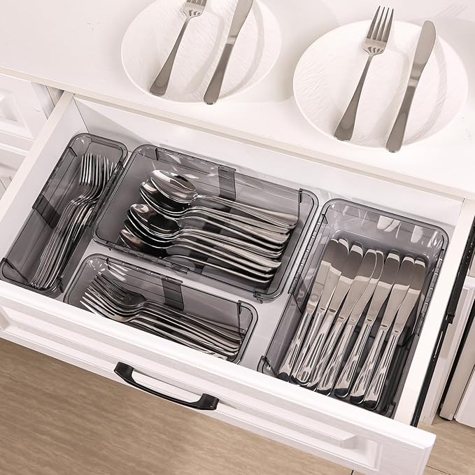 15 Pcs Extendable Clear Drawer Organizer, All Adjustable Vanity Storage Box, 2-Size Desk Drawer Organizer, Acrylic Storage Bins for Makeup, Bedroom Dressers Tool Organizer for Gadgets, Black