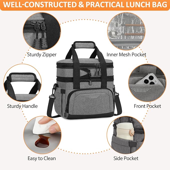 Vankor Lunch Box for Men Women, Large Double Layer Insulated Lunch Bag Tote Expandable Leakproof Waterproof Cooler Bag with Adjustable Shoulder Strap for Work Office Picnic Travel, Grey