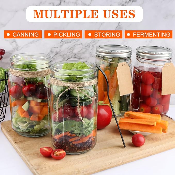 Wide Mouth Mason Jars 32 oz, 12 Pack Clear Glass Mason Jars with Airtight Lids and Bands, Quart Canning Jars for Preserving, Canning, Meal Prep, Pickling
