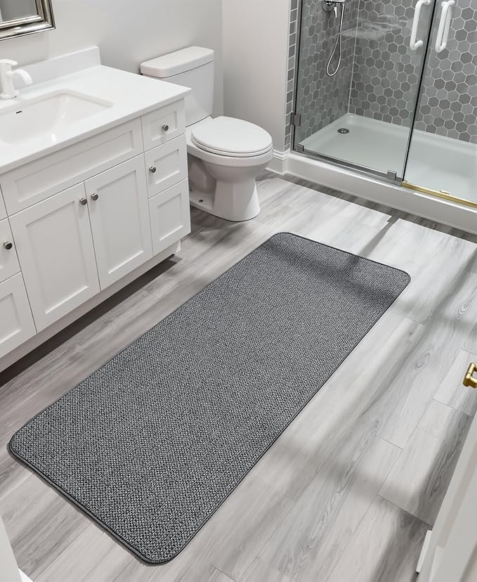 Bath Mat,Ultra Thin Bathroom Runner Rugs,Large Bath Mats for Bathroom,Quick Dry,Non-Slip,Machine Washable,Low Pile,Bath Rug,Shower Outside,Sink,Home Decor Accessories.Dark Grey,1'9"x3'11"(21x47inch)