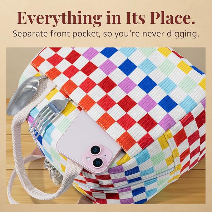 LOVELYWIND Insulated Lunch Bag for Women Men, Stylish Corduroy Tote Bag with Aluminum Lining, Large Capacity Reusable Cooler for Work, Travel, or Beach, Rainbow Plaid Lunch Box