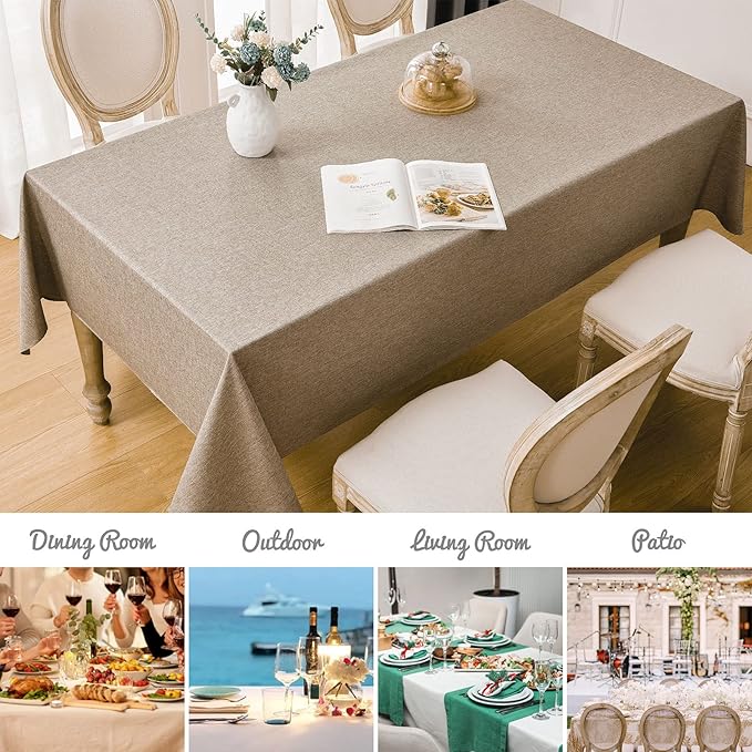 Veblandy 2 Pack Rectangle Tablecloth, 60x104 inch, Water Resistant Wrinkle Free Linen Textured Table Cloth Washable, Decorative Fabric Table Cover for Dining, Party and Camping, Mocha