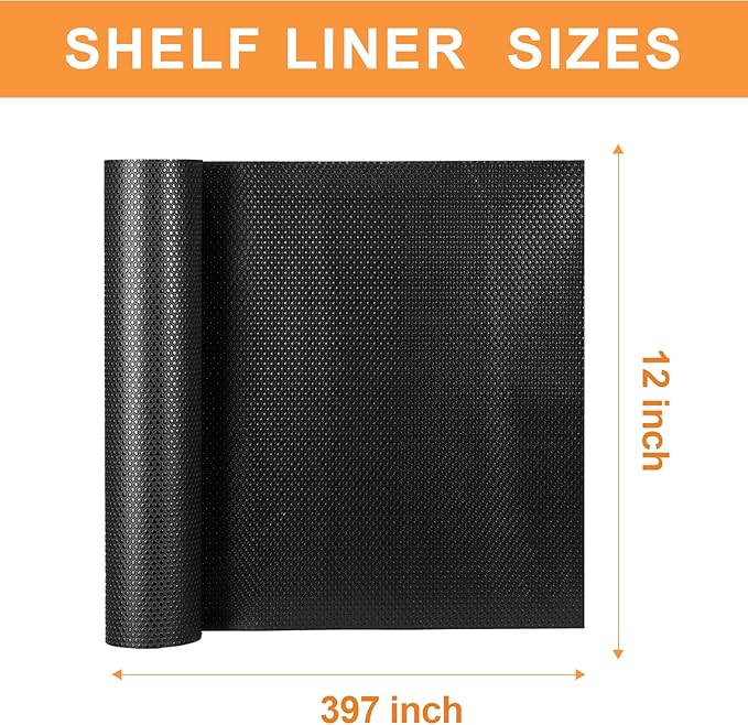 FLPMIX Black Shelf Liner 12 inch Wide: Easy to Cut Kitchen Cabinets Drawer Liner - 12" x 396 Inch EVA Waterproof Pantry Cupboard Liners