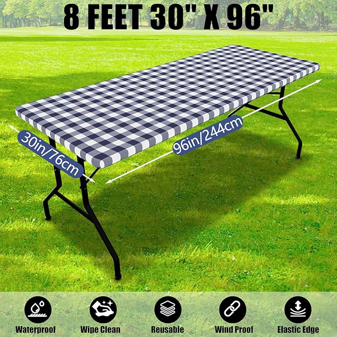 Smiry Picnic Table Cloth 2 Pack, Waterproof Elastic Fitted Tablecloths for 8FT Rectangle Tables, Washable Polyester Buffalo Plaid Tablecloth for Camping, Dining & Outdoor (Navy & White, 30" x 96")