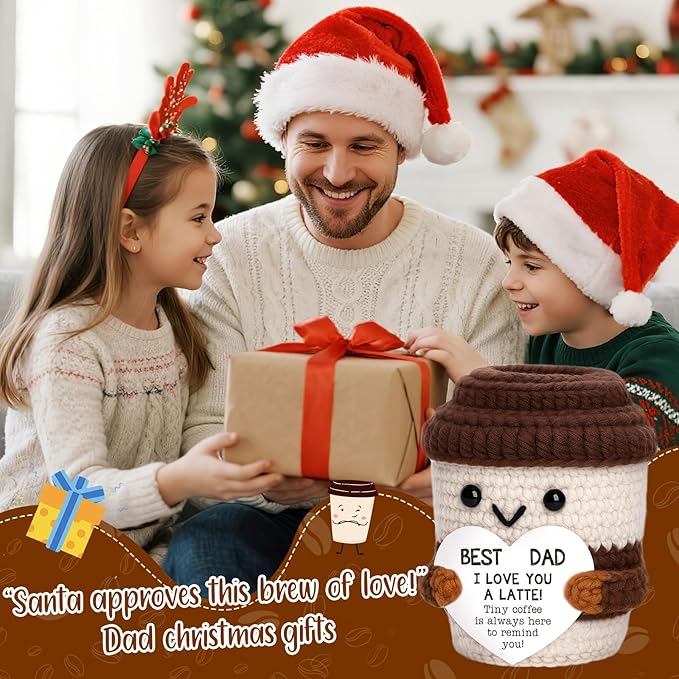 OCCdesign Mini Fathers Day Dad Gifts from Daughter Son Wife Crochet Coffee Cup Birthday Gifts for Men Father Husband Bonus Dads Stepdad Father-in-Law Daddy Best Dads Ever Gift Father's Day Ideas
