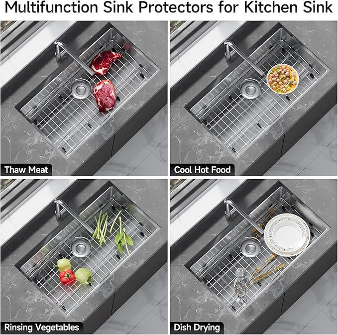 Sink Grid for Single Bowl Kitchen Sink, Stainless Steel Sink Protector Grate with Rear Drain, 28-3/8’’ x 14-3/16’’ Sink Bottom Protector for Kitchen Sink