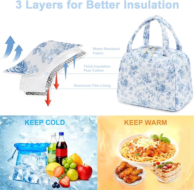 Bluboon Lunch Box for Women Men Cute Lunch Bag Reusable Insulated Lunch Bags Large Capacity Lunchbox Cooler for Work Picnic or Travel Gifts for Women (Blue Foral)