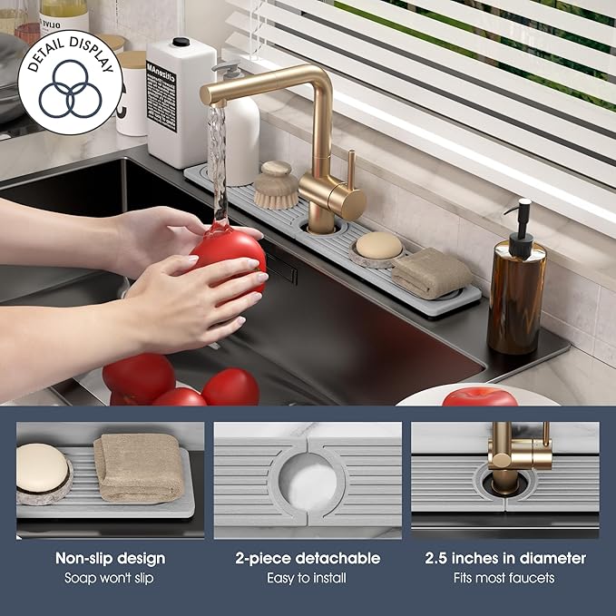 Quick Drying Stone Faucet Mat for Kitchen Sink - Diatomite Sink Mat Absorbing Stone Tray for Bathroom Counter, Sink Faucet Splash Guard Water Protector Matt for Kitchen Counter(Light Gray, 14" x 3.9")
