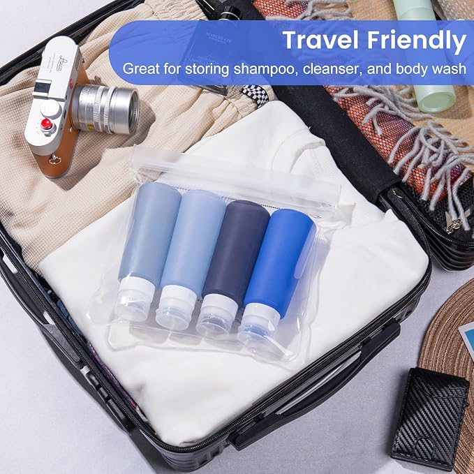 MICEBAY Condiment Squeeze Bottles for Sauces, 6-oz Small Silicone Salad Dressing Container to Go with Snack Storage Bag, Leakproof Sauce Bottles for Lunch Box, 4 Pack, Blue
