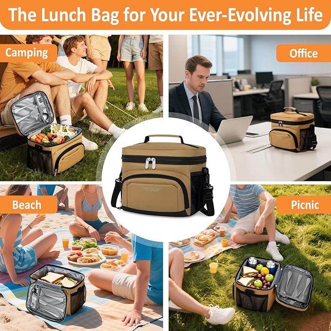 Vankor Insulated Lunch Bag for Men Women, Reusable Lunch Box Leakproof Cooler Lunch Tote Bag with Adjustable Shoulder Strap for Work Office Picnic Beach Travel, Khaki