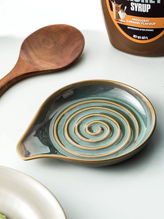 Spoon Rest for Stove Top, Countertop Spoon Holder with Handle for Easy Hold, Farmhouse Decor, Utensil Rest for Spoons, Ladles, Tongs, Spatula, Blue and Green