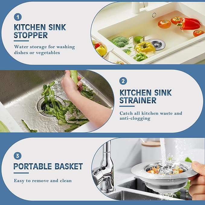 Kitchen Sink Drain Strainer 4 Pack, 304 Stainless Steel Pop Up Sink Stopper, Anti-Clogging Sink Drain Strainer for US Standard Kitchen Drain (SUS304 Brushed)