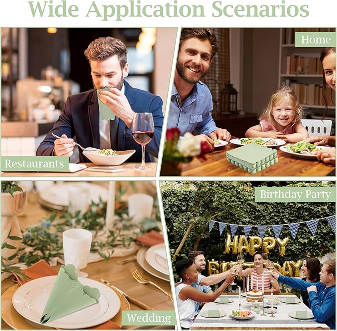 100 Pcs Cocktail Napkins, 2-Ply 5 x 5 Inches Disposable Scalloped Napkins, Thick Premium Dessert Napkins for Party, Wedding, Dinner, Birthday, Anniversary, Festival (Sage Green)