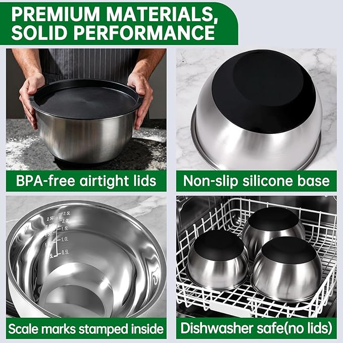 Deedro Premium Mixing Bowls with Airtight Lids Set, 22Pcs Thicker Stainless Steel Mixing Bowl Set, Large Prep Metal Bowls, Non-Slip Silicone Base Nesting Bowls for Kitchen, 1.5/2/3/4/5 QT, Black