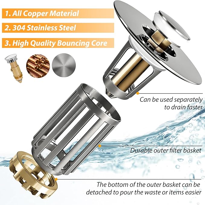 3 in 1 Pop Up Bathroom Sink Stopper, Bathroom Sink Drain Strainer, with Removable Basket Hair Catcher, Universal Sink Plug Cover for 1.06 in to 1.6 in Drain, Brushed Nickel