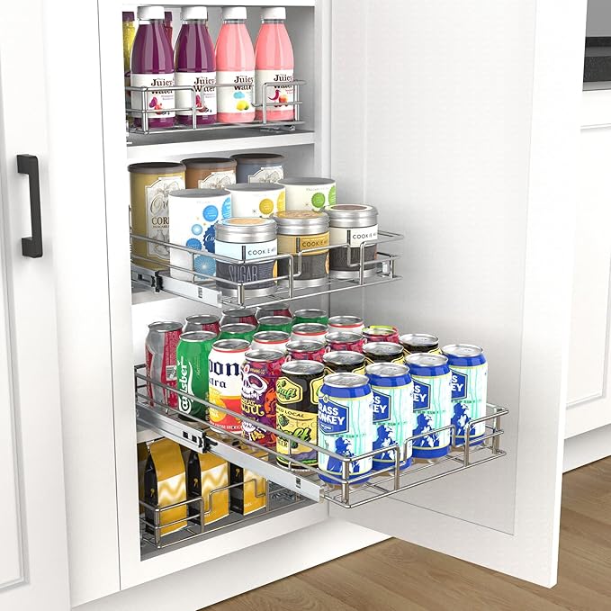 Pulloutor Pull Out Cabinet Organizer,Slide Out Kitchen Cabinet Storage Shelf and Drawer Organizer NEED 21" W and 22" D Cabinet, Chrome Finish (20 * 21 in)